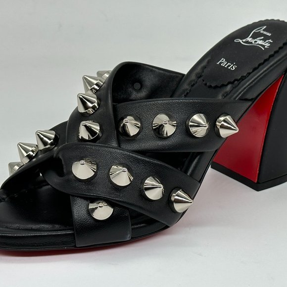 Christian Louboutin SPIKA CLUB Spiked Leather Mule Block Heel Sandals Shoes - Picture 4 of 14